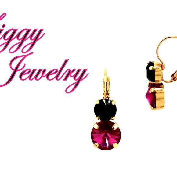 Fuchsia and Jet Black Crystal Earrings in Gold Plated Lever Back Settings - Picture 4 of 7